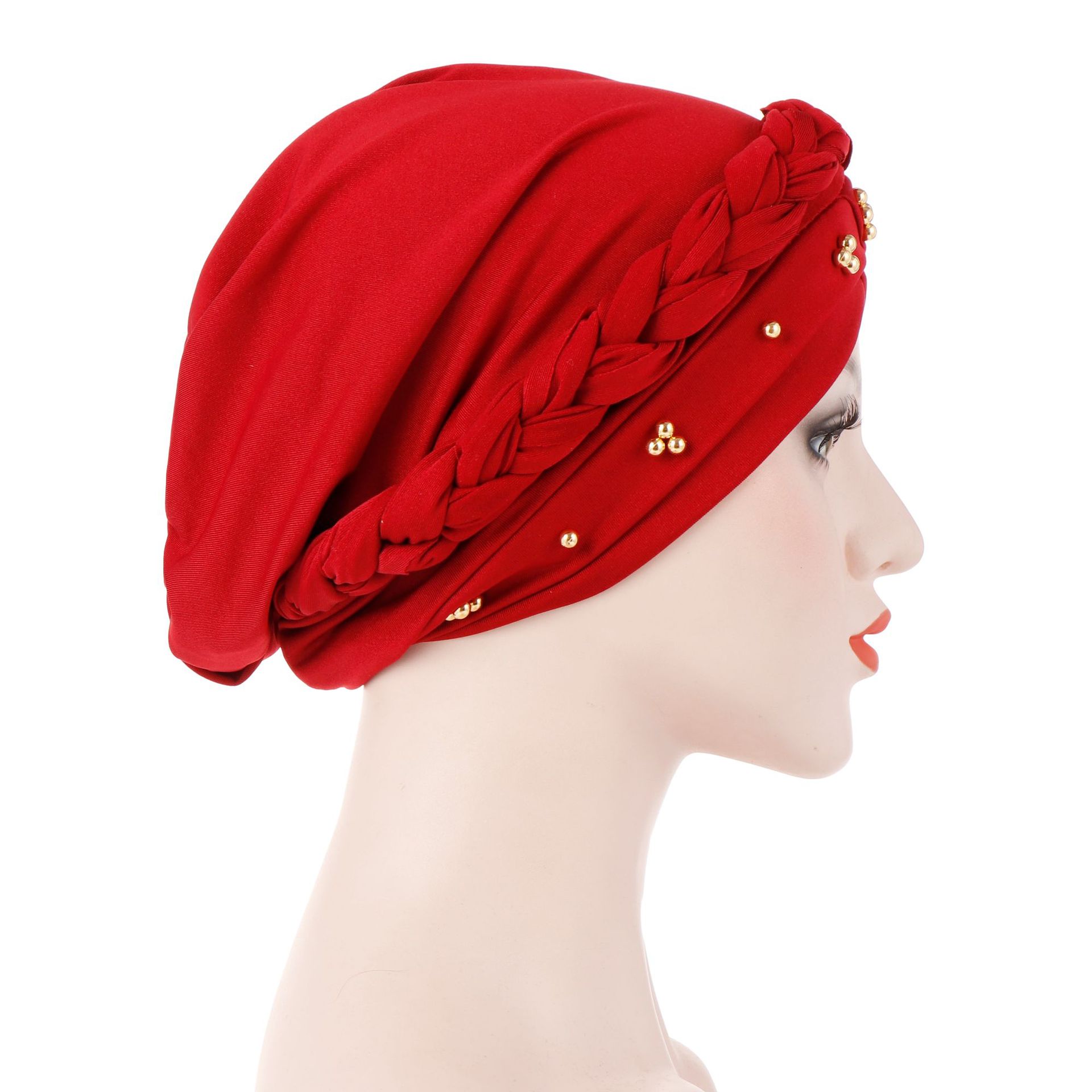Red Pearl Polyester Detail Turban Hat