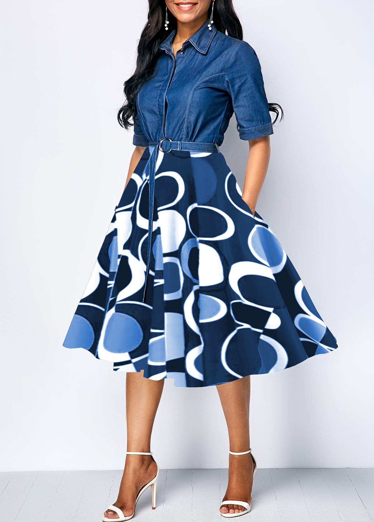 Geometric Print Circular Ring Belted Denim Blue Dress