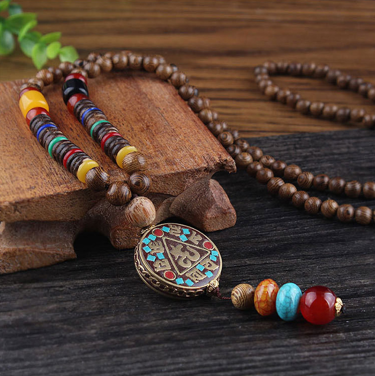 Tribal Design Multi Color Round Wooden Necklace