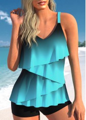 Ombre Layered Hem Cyan Tankini Set