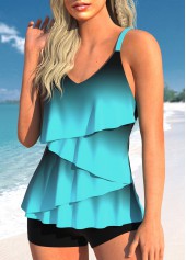 Ombre Layered Hem Cyan Tankini Set
