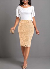 Lace Off Shoulder Short Sleeve Champagne Bodycon Dress