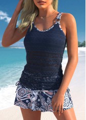 Lace Mid Waisted Paisley Print Circular Ring Tankini Set