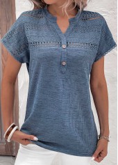 Lace Dusty Blue Short Sleeve Split Neck Blouse