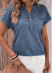 Lace Dusty Blue Short Sleeve Split Neck Blouse