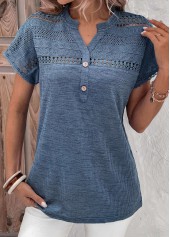 Lace Dusty Blue Short Sleeve Split Neck Blouse