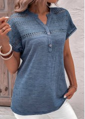 Lace Dusty Blue Short Sleeve Split Neck Blouse