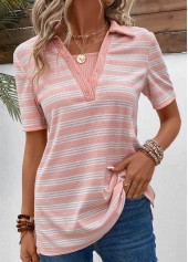 Striped Eyelet Pink Short Sleeve Shirt Collar Blouse