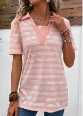 Striped Eyelet Pink Short Sleeve Shirt Collar Blouse