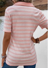 Striped Eyelet Pink Short Sleeve Shirt Collar Blouse