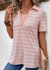 Striped Eyelet Pink Short Sleeve Shirt Collar Blouse