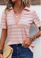 Striped Eyelet Pink Short Sleeve Shirt Collar Blouse