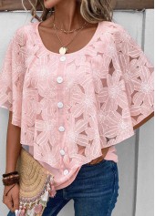 Button Pink Half Sleeve Fake Two Piece Twinset