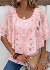 Button Pink Half Sleeve Fake Two Piece Twinset