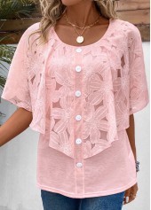 Button Pink Half Sleeve Fake Two Piece Twinset