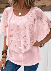 Button Pink Half Sleeve Fake Two Piece Twinset