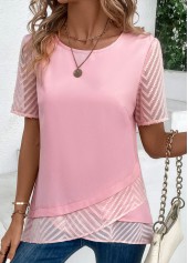 Cross Hem Pink Short Sleeve Round Neck Blouse