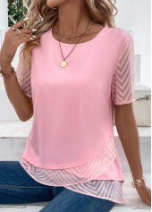 Cross Hem Pink Short Sleeve Round Neck Blouse