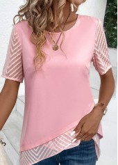 Cross Hem Pink Short Sleeve Round Neck Blouse