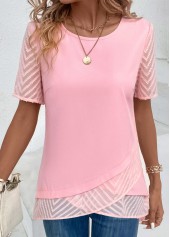 Cross Hem Pink Short Sleeve Round Neck Blouse