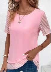 Cross Hem Pink Short Sleeve Round Neck Blouse