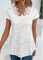 Patchwork White Short Sleeve Scoop Neck Blouse