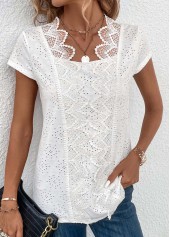 Patchwork White Short Sleeve Scoop Neck Blouse