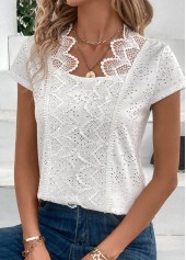 Patchwork White Short Sleeve Scoop Neck Blouse
