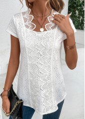 Patchwork White Short Sleeve Scoop Neck Blouse