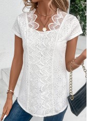 Patchwork White Short Sleeve Scoop Neck Blouse