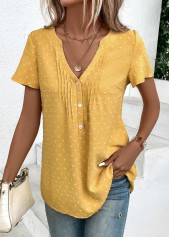 Jacquard Light Yellow Short Sleeve V Neck Blouse