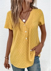 Jacquard Light Yellow Short Sleeve V Neck Blouse