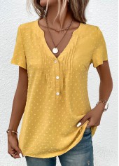 Jacquard Light Yellow Short Sleeve V Neck Blouse
