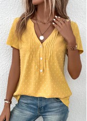 Jacquard Light Yellow Short Sleeve V Neck Blouse