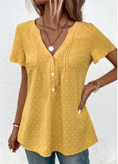 Jacquard Light Yellow Short Sleeve V Neck Blouse