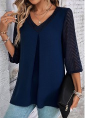 Patchwork Navy Lace V Neck Blouse