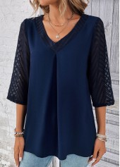 Patchwork Navy Lace V Neck Blouse