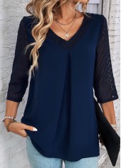 Patchwork Navy Lace V Neck Blouse