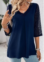Patchwork Navy Lace V Neck Blouse