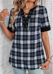 Plaid Lace Up Black Split Neck Blouse