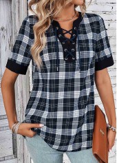Plaid Lace Up Black Split Neck Blouse