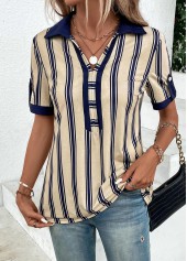 Striped Patchwork Beige Short Sleeve Shirt Collar Blouse