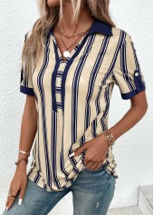 Striped Patchwork Beige Short Sleeve Shirt Collar Blouse