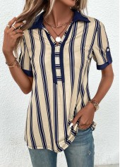 Striped Patchwork Beige Short Sleeve Shirt Collar Blouse