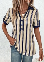 Striped Patchwork Beige Short Sleeve Shirt Collar Blouse