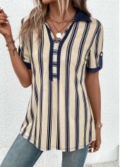 Striped Patchwork Beige Short Sleeve Shirt Collar Blouse