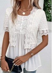 Fake 2in1 White Short Sleeve Round Neck Blouse