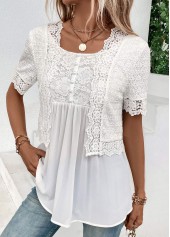 Fake 2in1 White Short Sleeve Round Neck Blouse