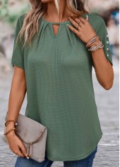 Cut Out Sage Green Short Sleeve Round Neck Blouse