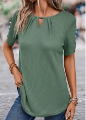 Cut Out Sage Green Short Sleeve Round Neck Blouse